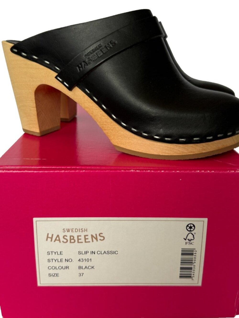 SWEDISH HASBEENS BLACK SLIP IN CLASSIC SKY HIGH CLOGS WOMENS 37 7 LEATHER MULES